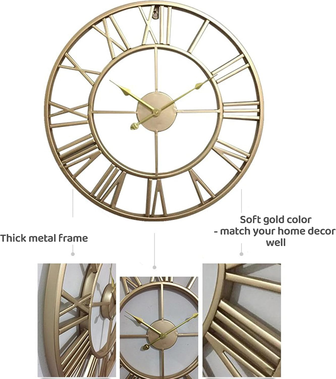 24 Inch Large Home Decor Wall Clock for Living Room Non Ticking Iron Art Clocks