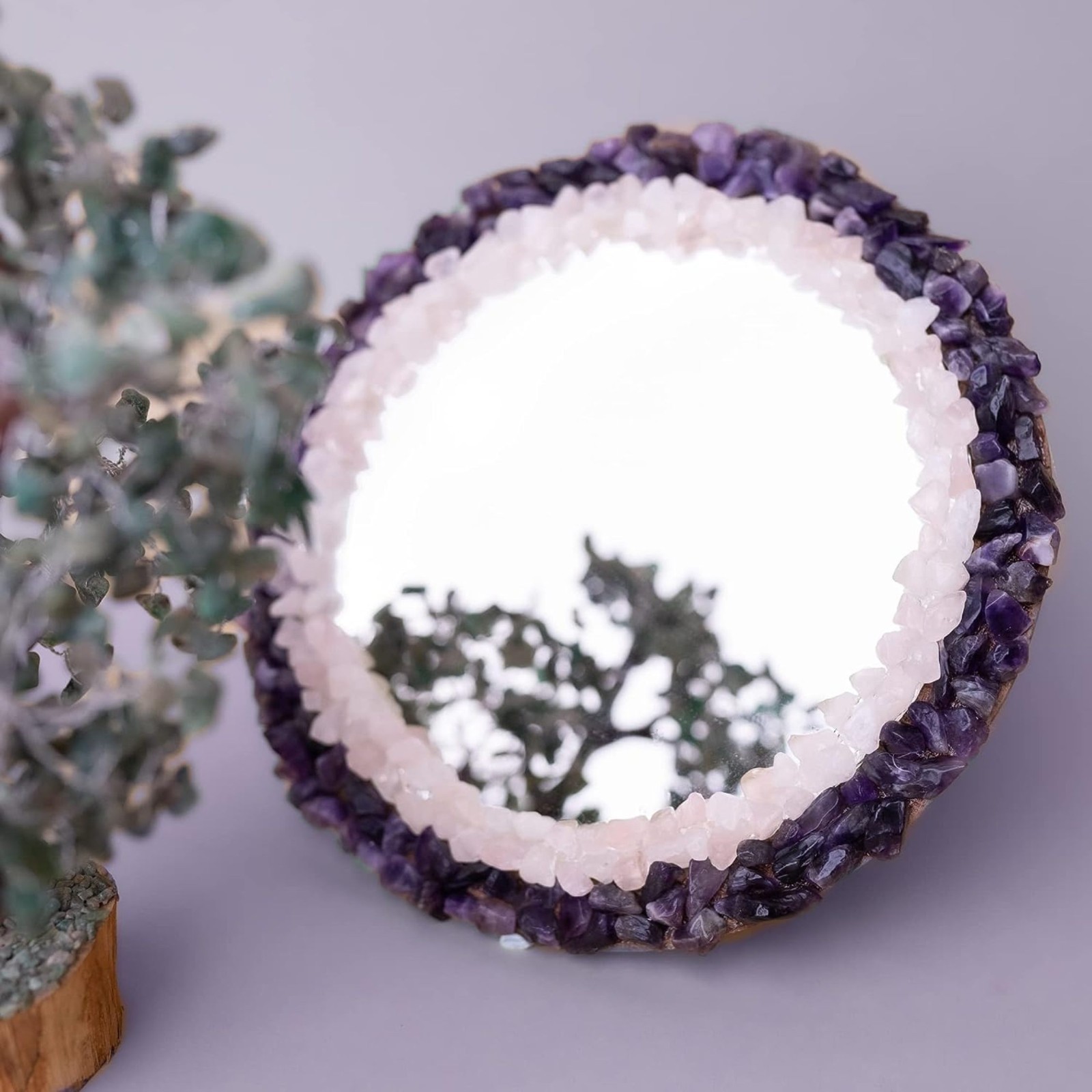 Amethyst Crystal Mirror | 15 Inches Handmade Wall Decor | Luxury Vanity Mirror