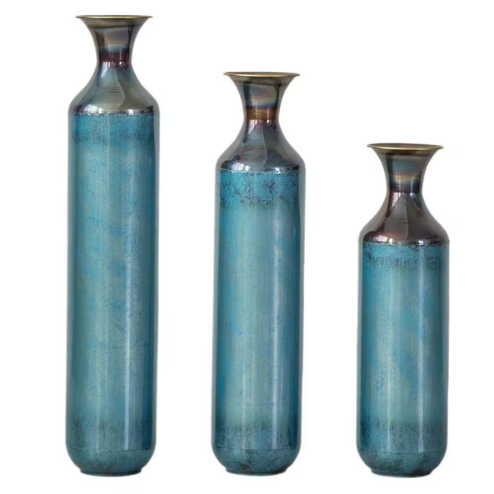 21 In. 25 In. 29 In. Blue Metal Cylinder Floor Vases Elegant Floral Display for