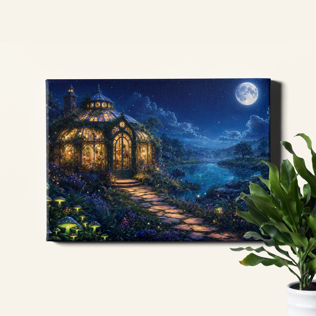 Glass Conservatory Moonlit Pond Cottage Framed Canvas Print 30x20inch