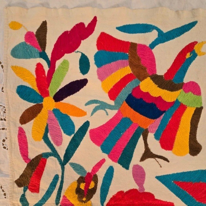 Vintage Otomi Tenango Embroidery Mexican Fold Art Textile Wall Hanging 34″x28″