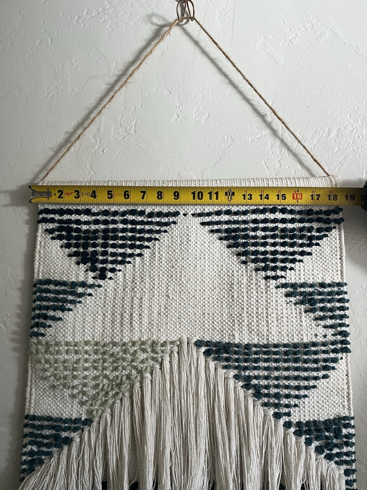Boho Woven Macrame Wall Hanging Geometric Tapestry Fringe Decor 18×26 Blue Cream