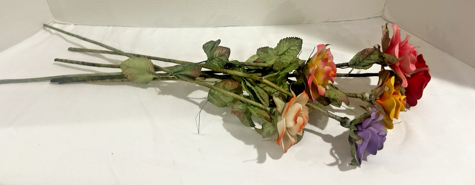 6 Vtg Porcelain Long stem roses silk leaves and wire stems-unique find!