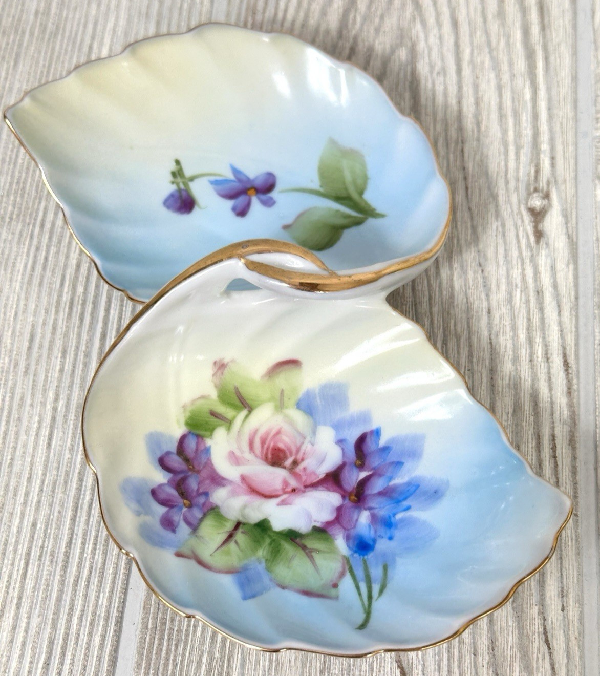 Lefton #4674 Blue Leaf Shaped Candy Trinket Dish Hand Painted Rose Flowers VTG