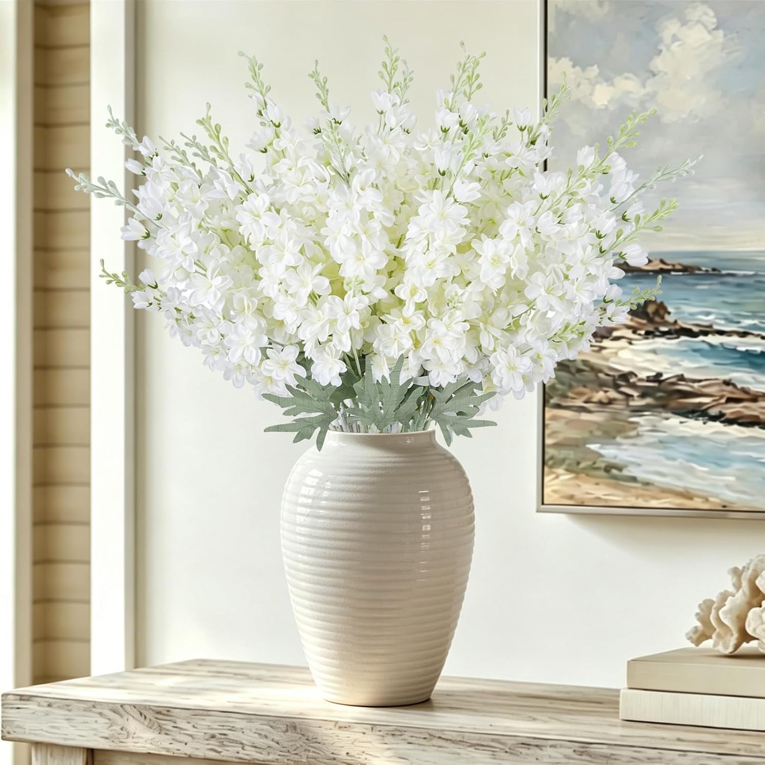 24Pcs White Delphinium Artificial Flowers Bulk 33.5″ Long Stem Silk Delphinium