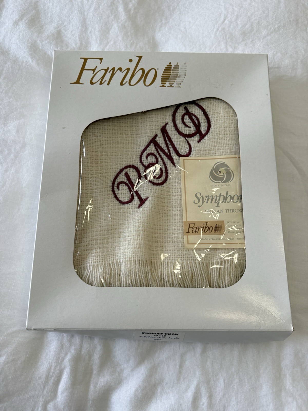 Faribo | VTG Symphony Ivory Fringed Throw | 50×60” Embroidered Initials “PMD”