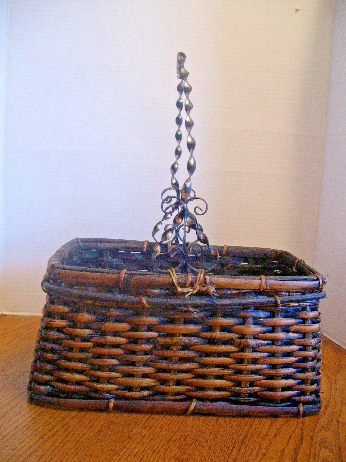 VINTAGE BAMBOO OBLONG BASKET w/METAL SCROLL HANDLE ~ 12 1/2 L x 8 W x 6 H ~ VGUC
