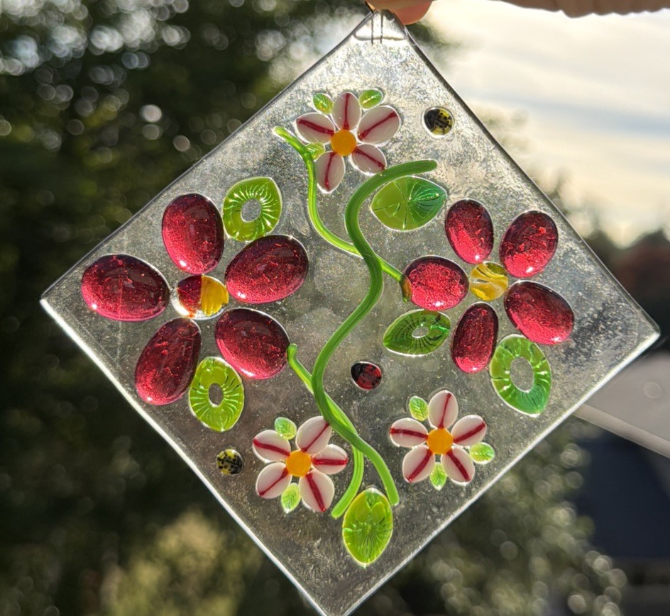 Fused Glass Handmade Diamond Shaped Multicolored Sun Catcher Signed By Artist