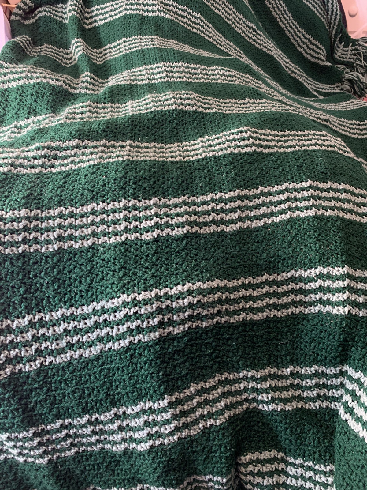 Vtg Handcrafted Crochet Knitted Afghan Throw Blanket Green White 94” X 78”