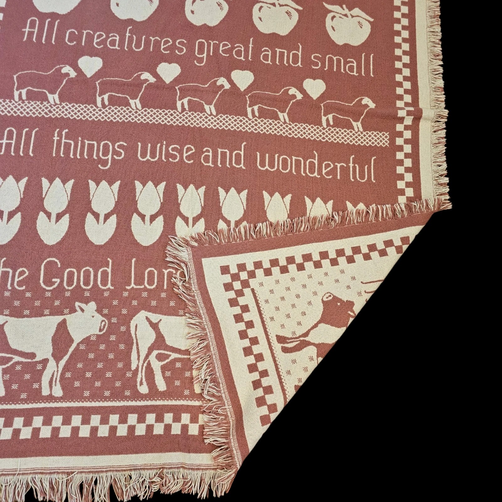 VTG Religious Farm Tapestry Fringed Throw Blanket Dusty Pink 80s Ducks Cows