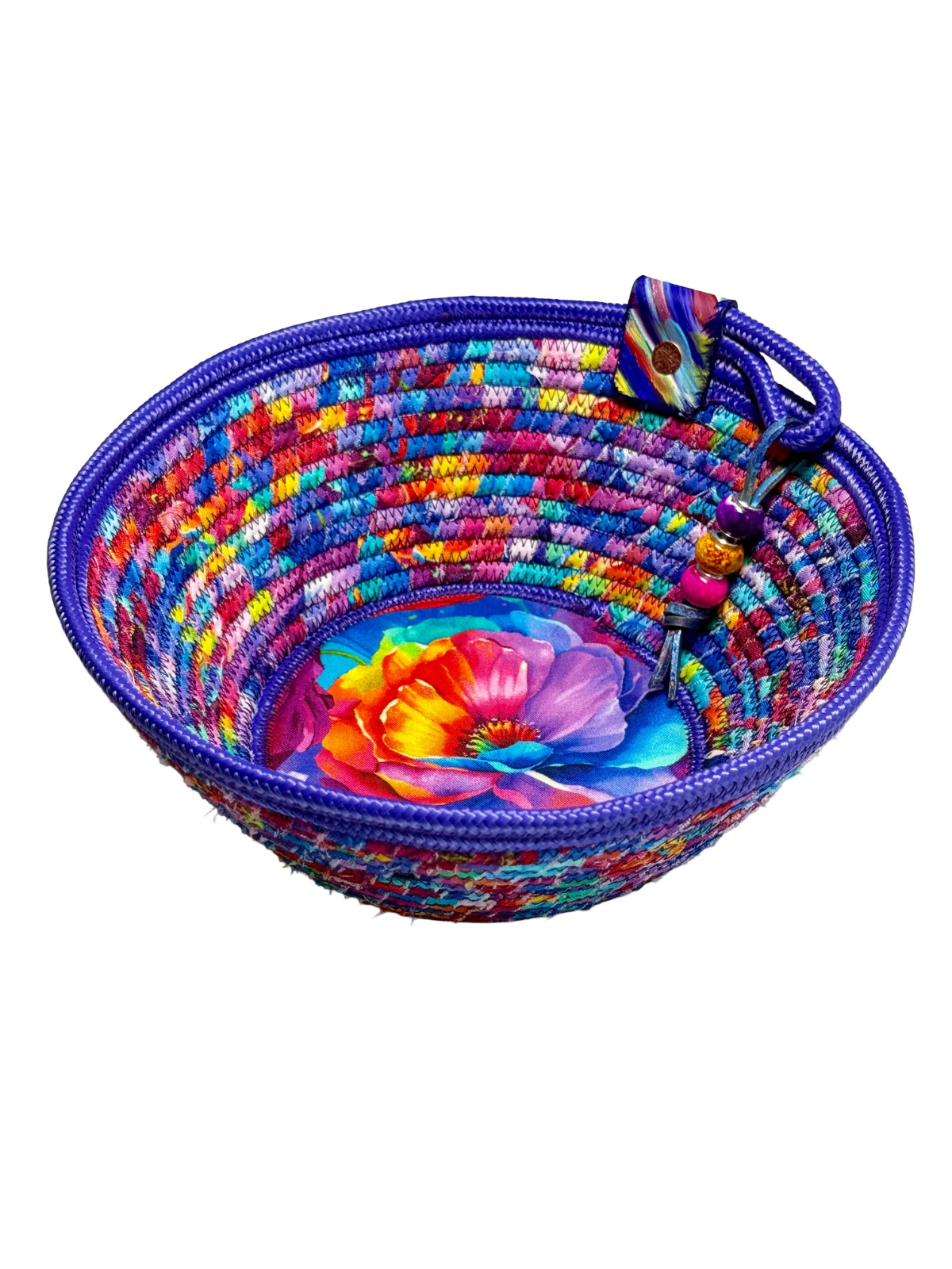 Handmade Fabric Wrapped Rope Bowl Flower Very Colorful Bright See Video And Pic