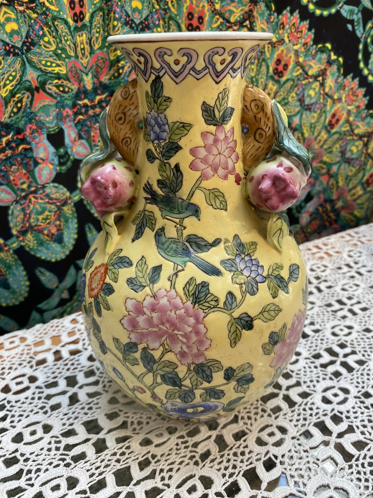 Andrea by Sadek Yellow Famille Jaune Vase with Pink Peony Flowers 9″