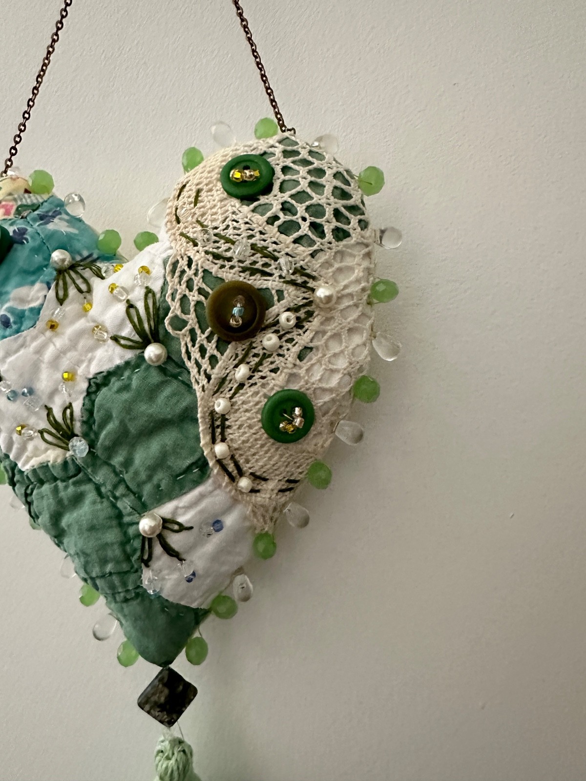HANGING HEART beaded *HANDMADE* from antique quilt, hand embroidered, tassel