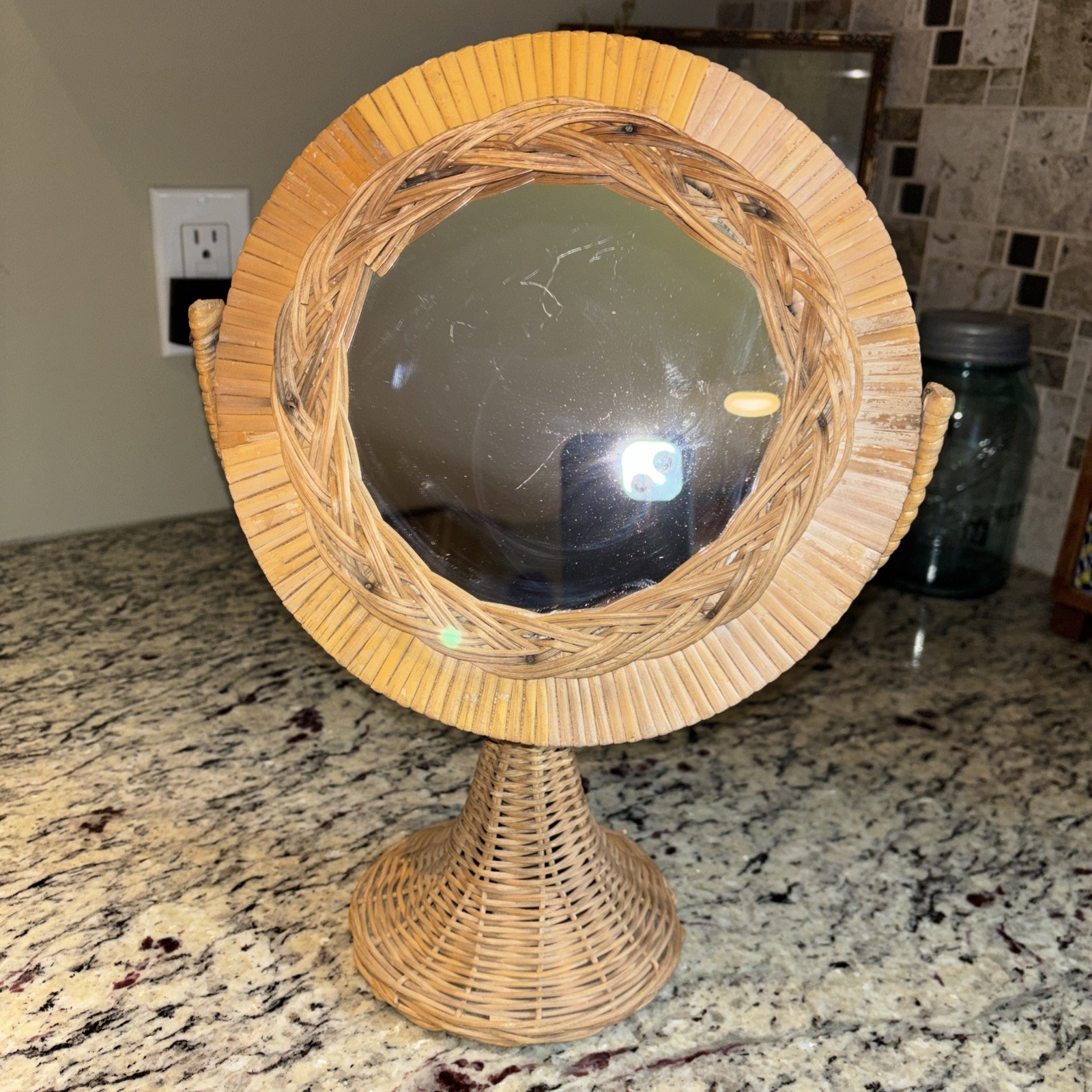 VTG Wicker Rattan Swivel Table Top Mirror