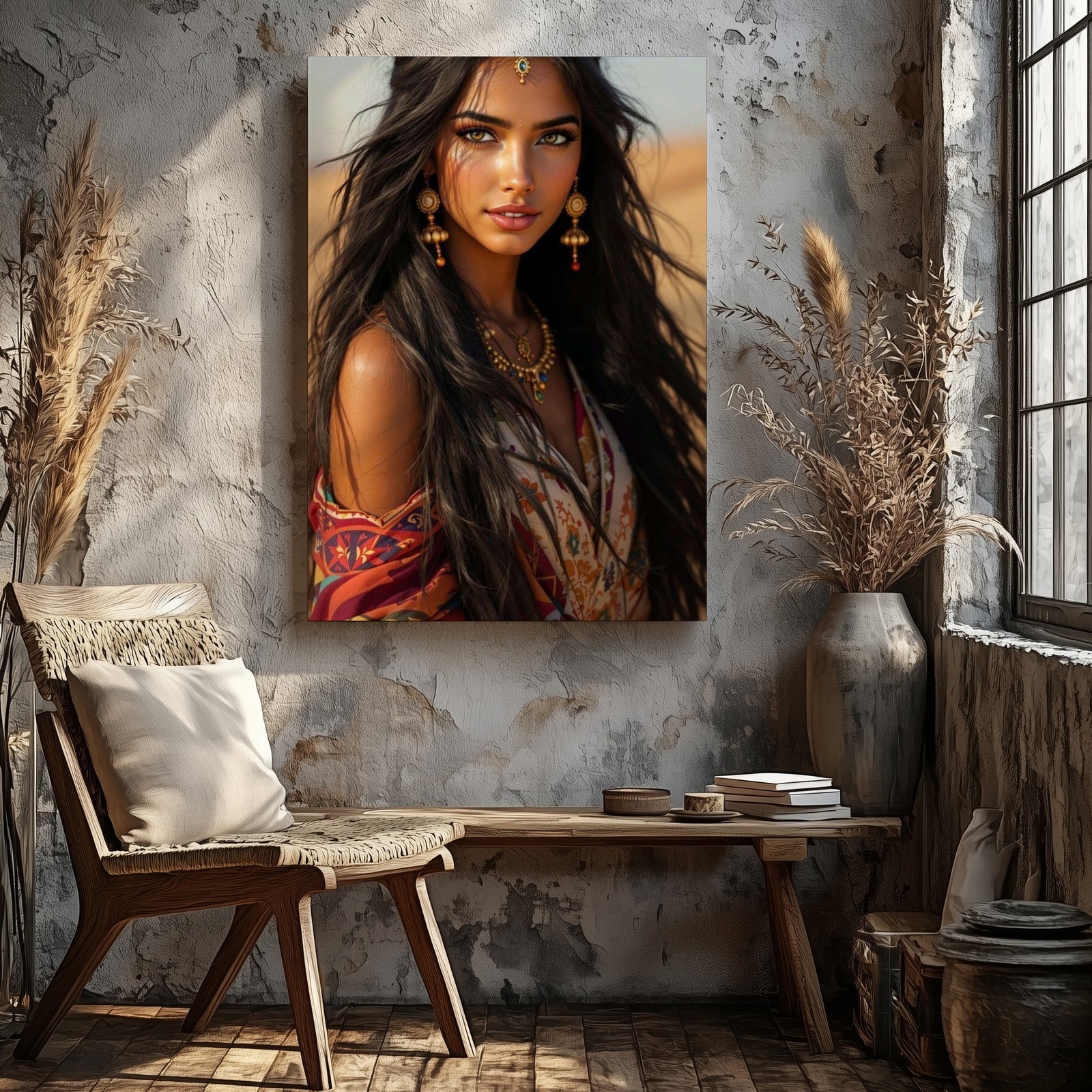 Ethnic Woman Portrait Canvas Wall Art Bohemian Desert Style Boho Home Decor