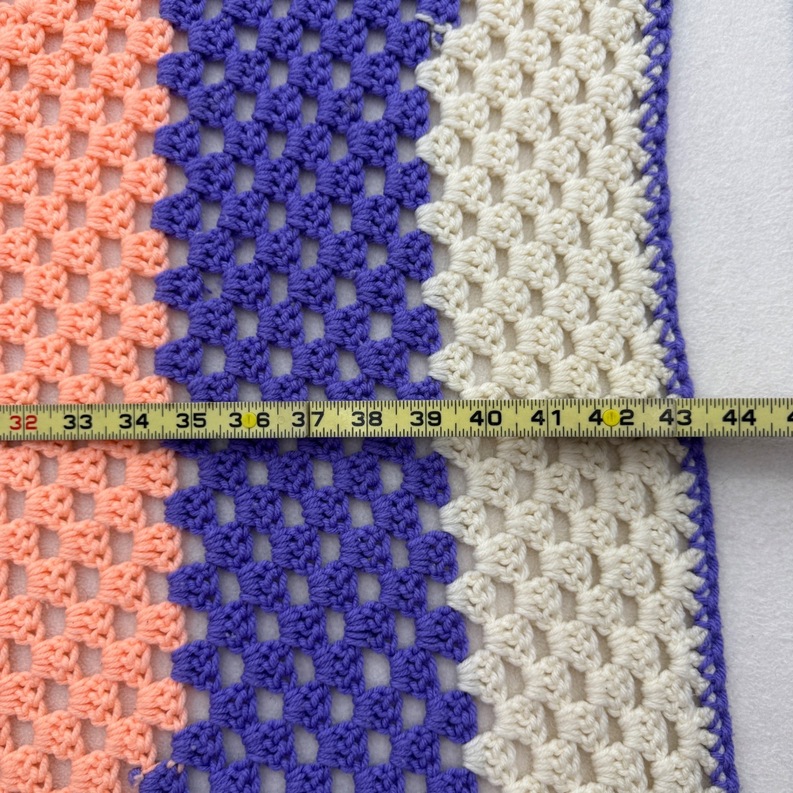Handmade Crochet Granny Square Blanket Peach Purple Cream Colorblock Throw 45×43