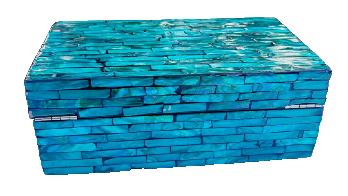 Turquoise Teal Shell Mosaic Jewelry Box Hinged Trinket Keepsake Coastal Decor
