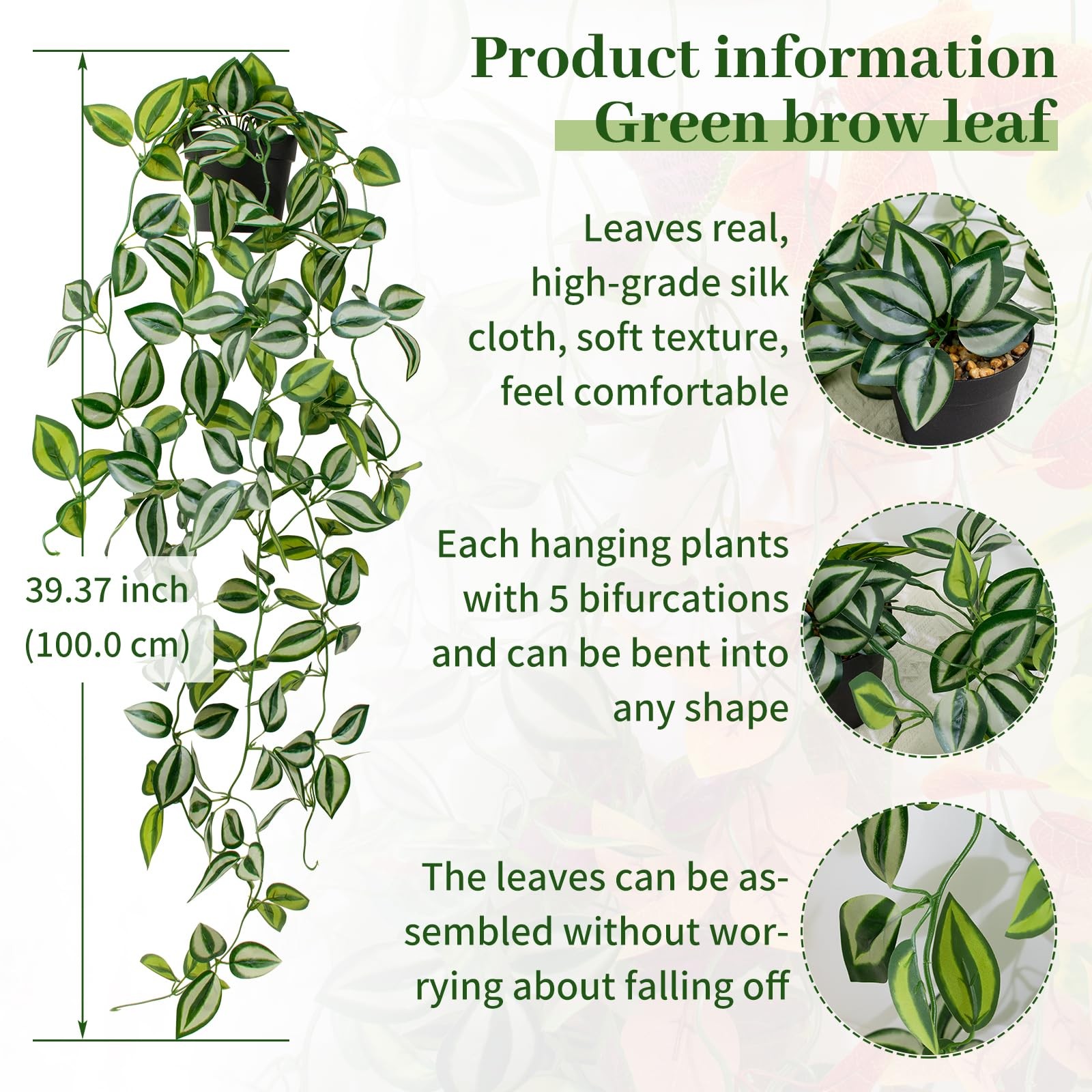 39-in Artificial Hanging Plant, Black Pot, Fake Green Eyebrow Leaf, Trailing