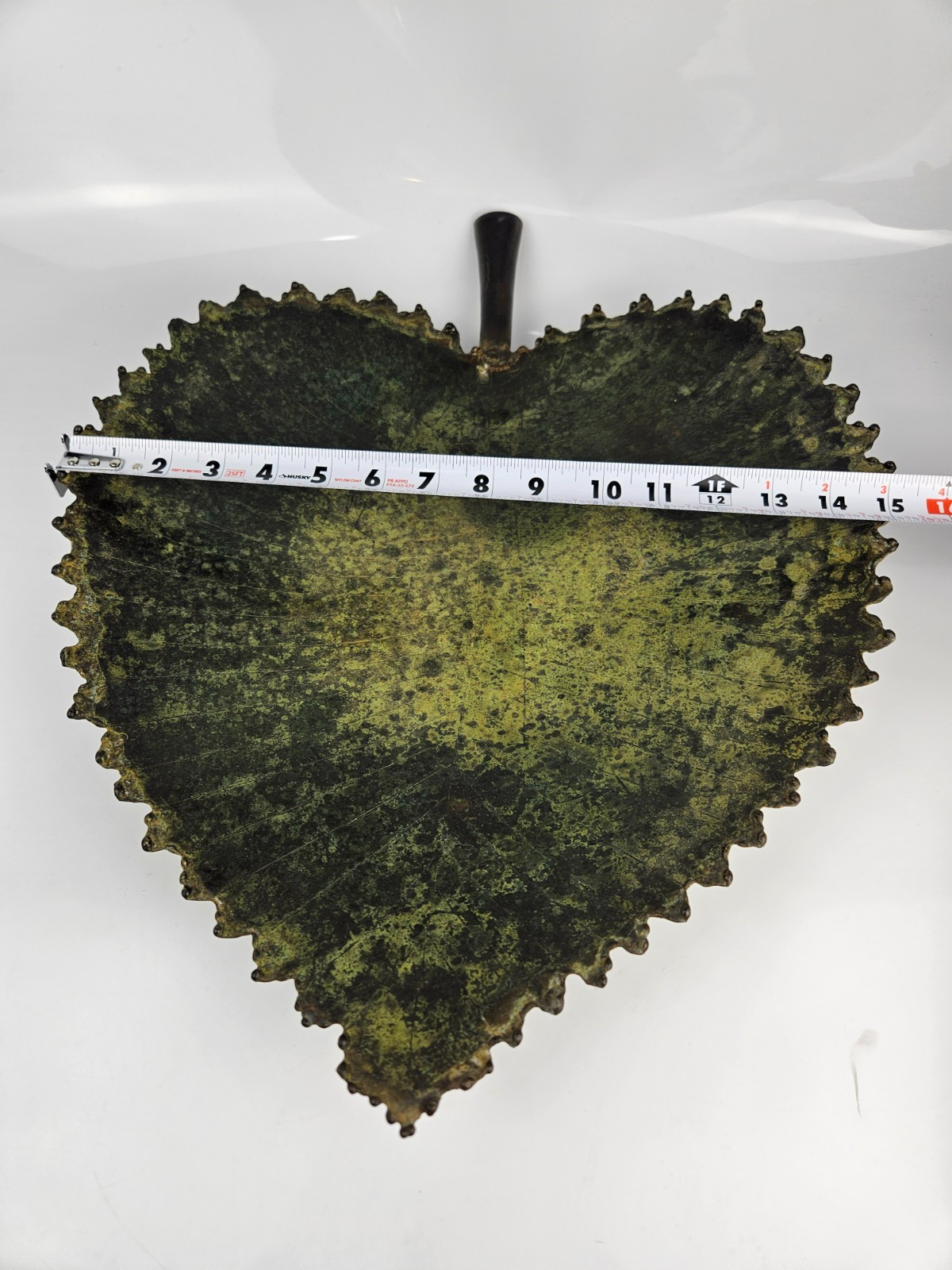 Large Decorative Metal Leaf Tray Bowel Verdigris Patina Ball Feet Serrated Edge