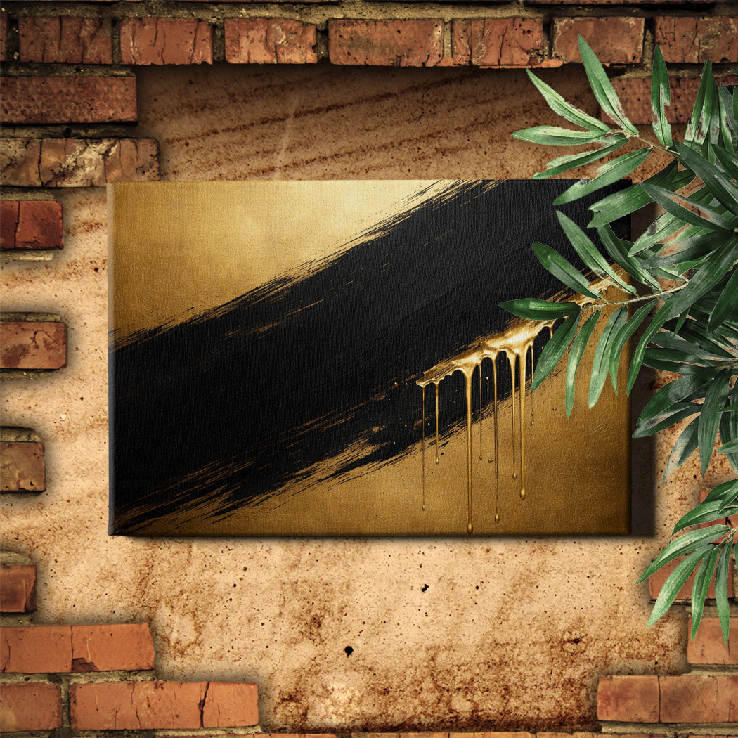 Gold Black Abstract Drip Painting Framed Canvas Print 24x16inch