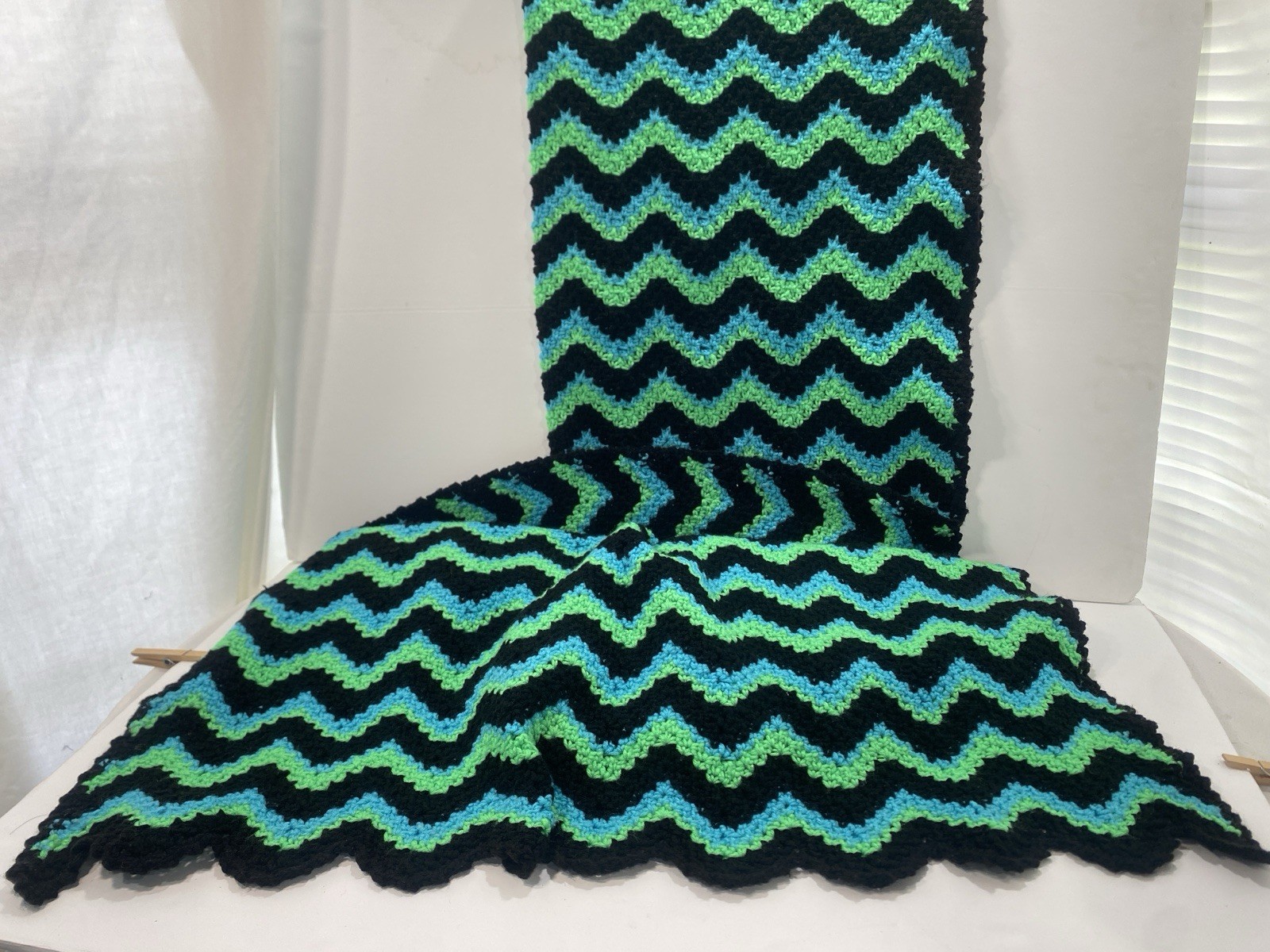 Crochet Herringbone Zig Zag Black Green Afghan Blanket 34×72” 943