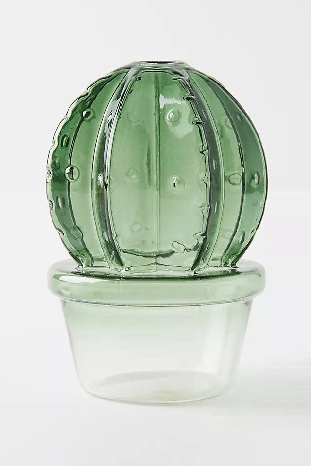 Anthropologie Glass Cactus Bud Vase Flower Holder Succulent Plants Green Clear
