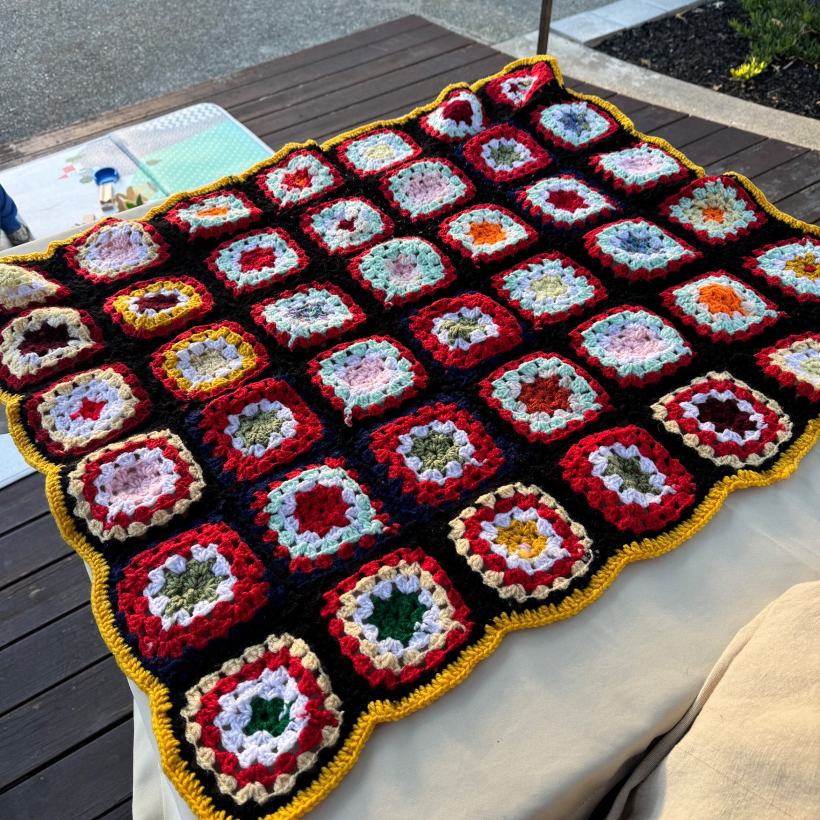 vintage Crochet Blanket 31×36″ Multicolor Granny Square Boho Cottagecore Retro