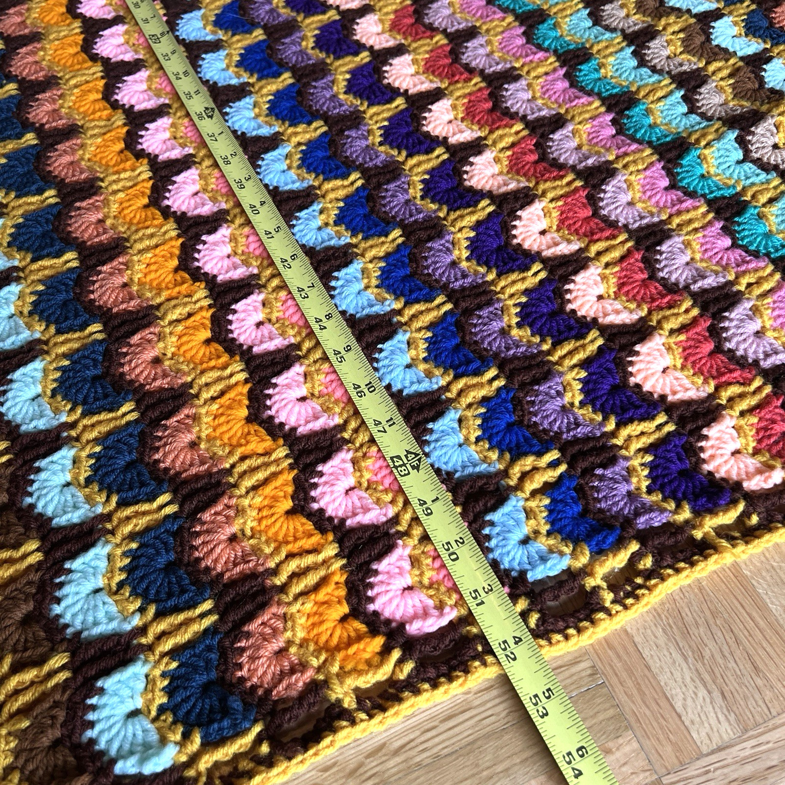 Handmade Knit Afghan Throw Blanket Colorful Scallop Shell Granny Crochet 52″x68″
