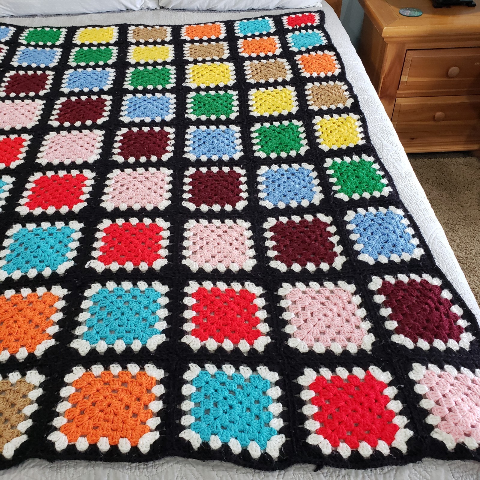 Throw Blanket Crochet Multicolor Granny Square Black Border Handmade Afghan Boho