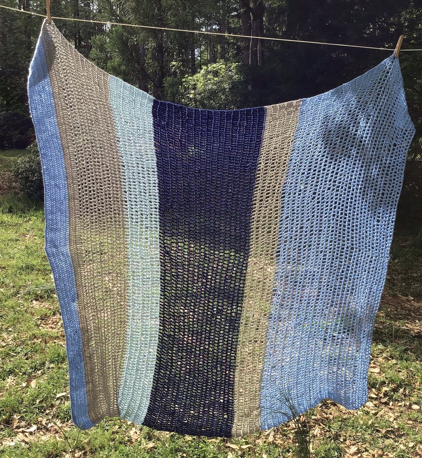 Throw Blanket Handmade Crochet 100% Wool Brown Blue Colorblock Striped Folk Art
