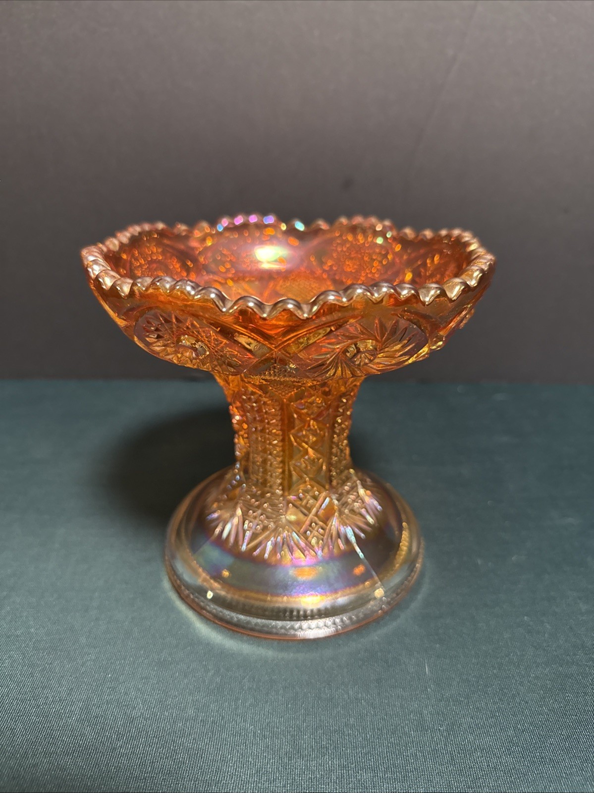 Iridescent Marigold Carnival Glass Centerpiece Serving Fruit Bowl 2 pc. Pedestal