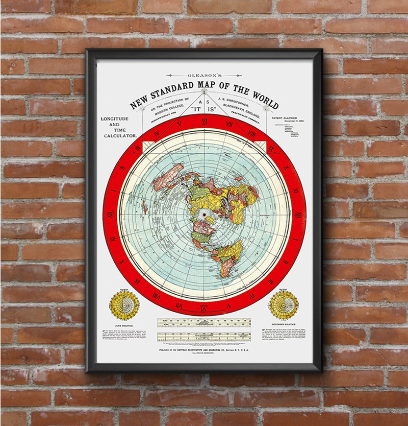 Flat Earth Map – Gleason’s New Standard Map Of The World – Large 24″ x 36″ 1892