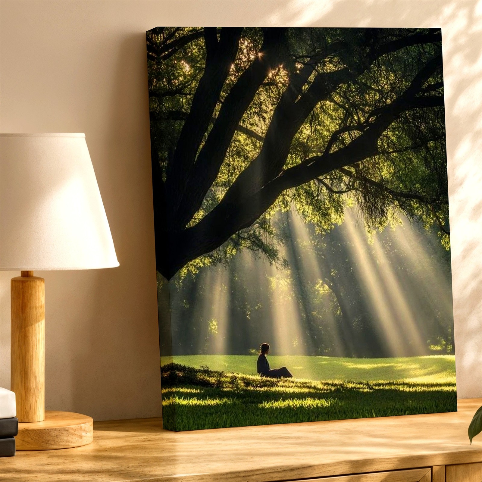 Wall Art Sun Rays Through Tree Forest Landscape Meditating Woman Nature Print