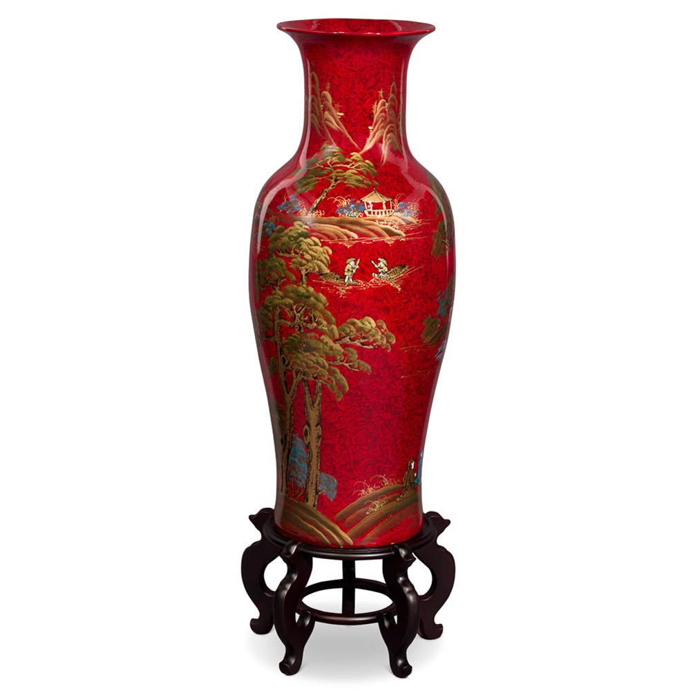 US Seller – 36in Red Lacquer Chinoiserie Scenery Motif Chinese Porcelain Vase