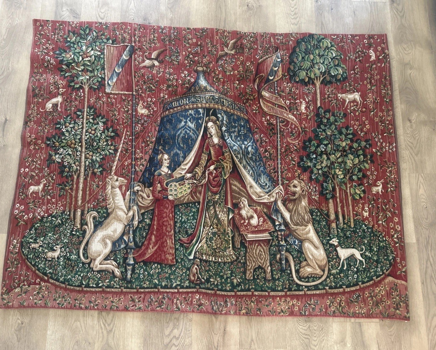 Lady And The Unicorn Large French Wall Tapestry “Taste” Medieval 5.5’ X 4.5”