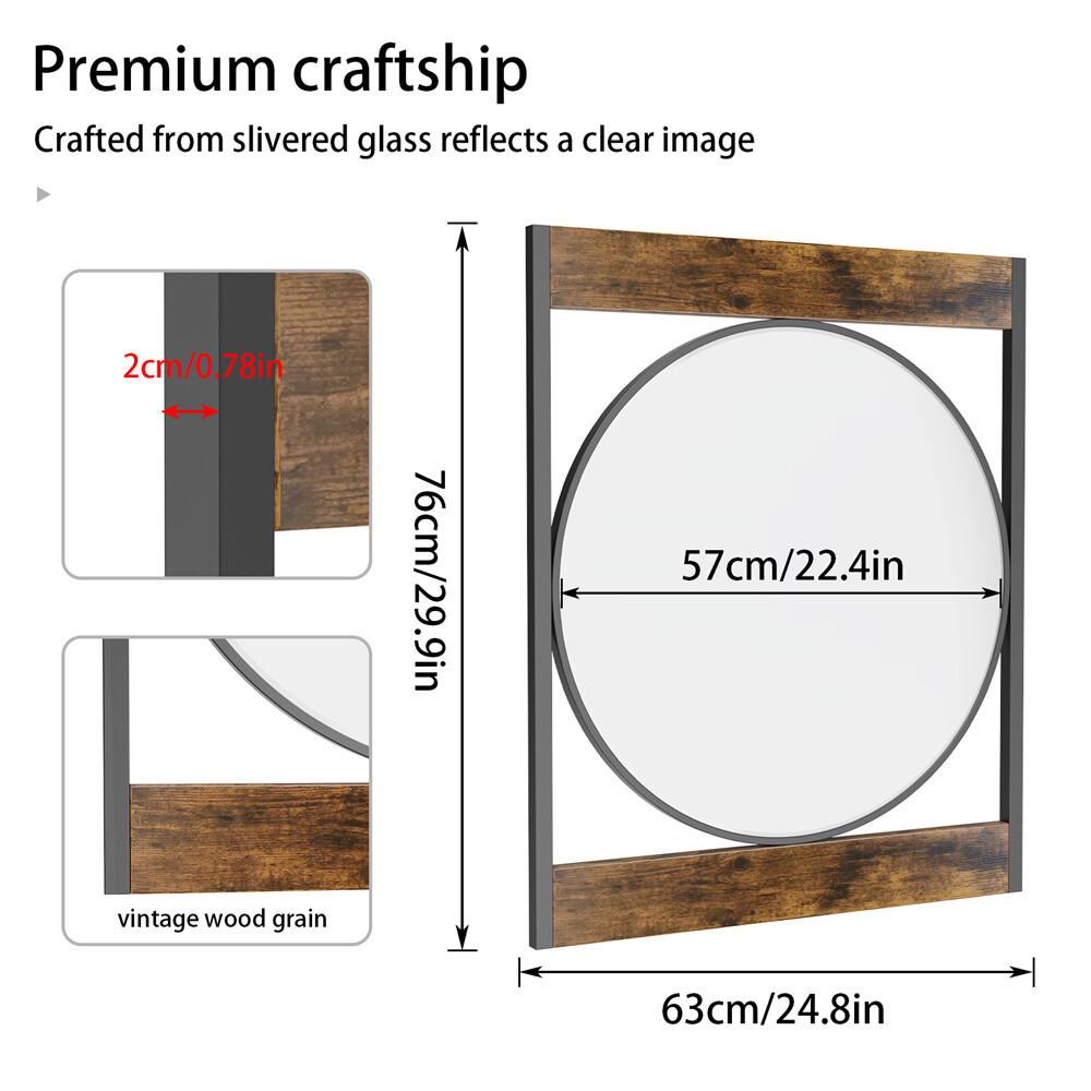 Farmhouse Metal Round Mirror in Square Frame Wall Decor for Bathroom Living Room