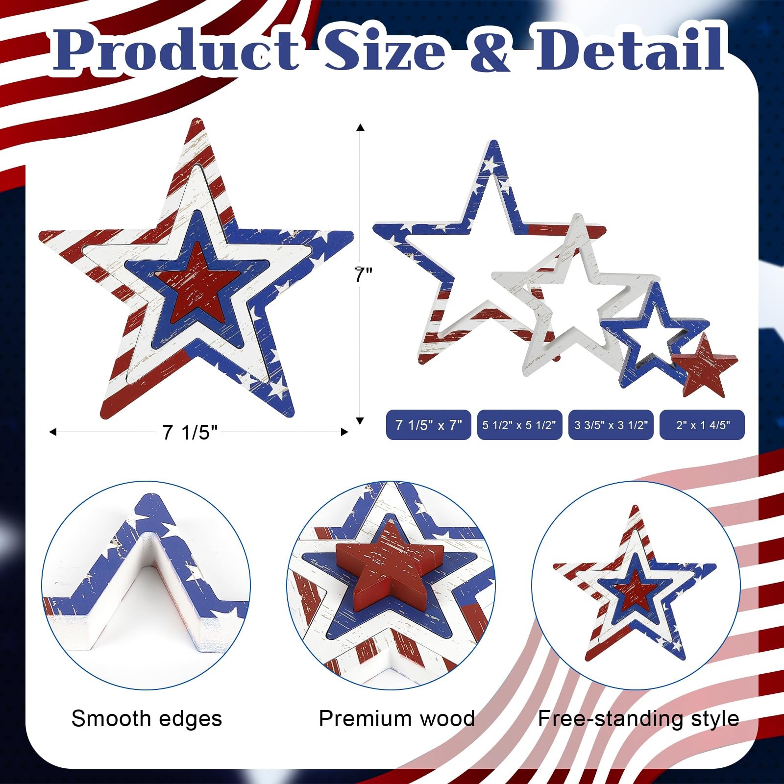 4Th of July Decorations Stars Set of 4, Red White Blue Decor, Patriotic Memorial
