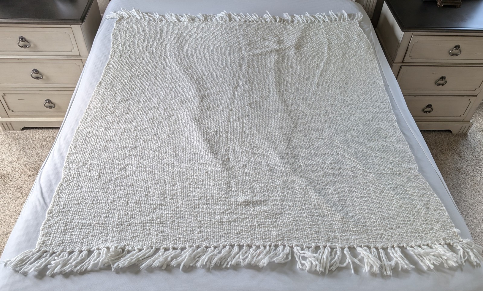 Pier 1 throw blanket textured chenille nubby fringe soft white 50×64” neutral