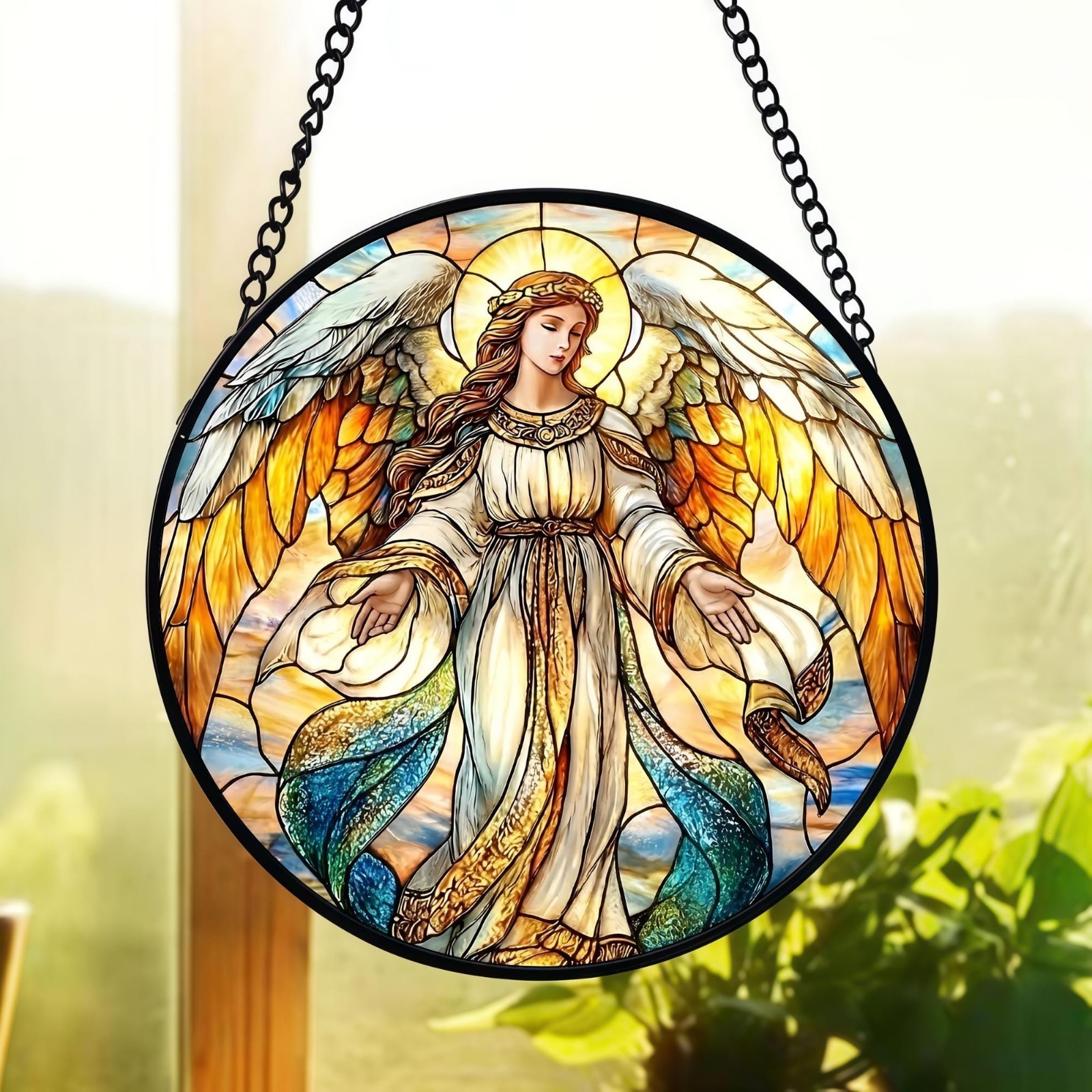 Guardian Angel Suncatcher, Stained Glass Style Print, Christian Home Decor