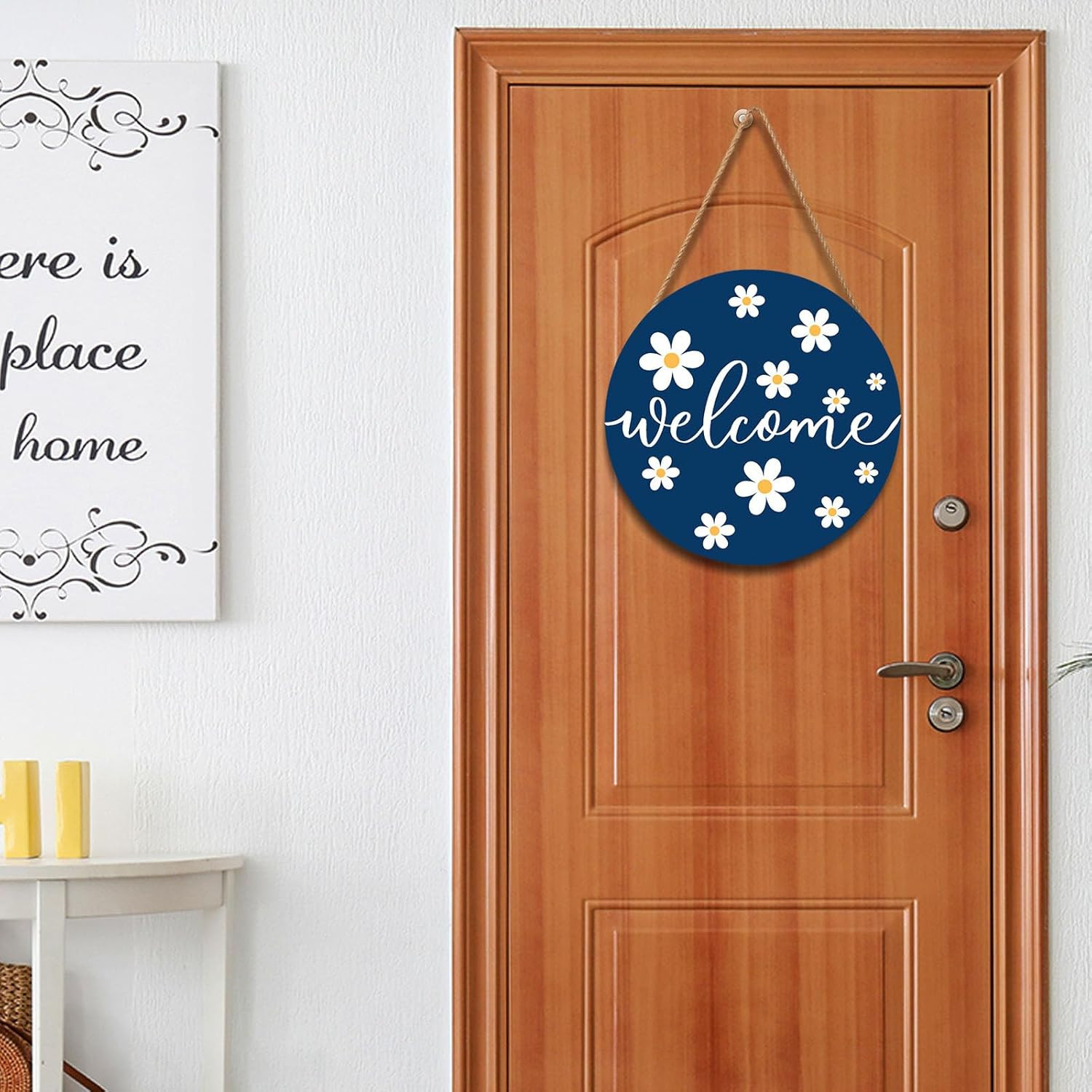 Spring White Daisy Flower Door Sign for Front Door Decor,Daisy Welcome Blue Wood