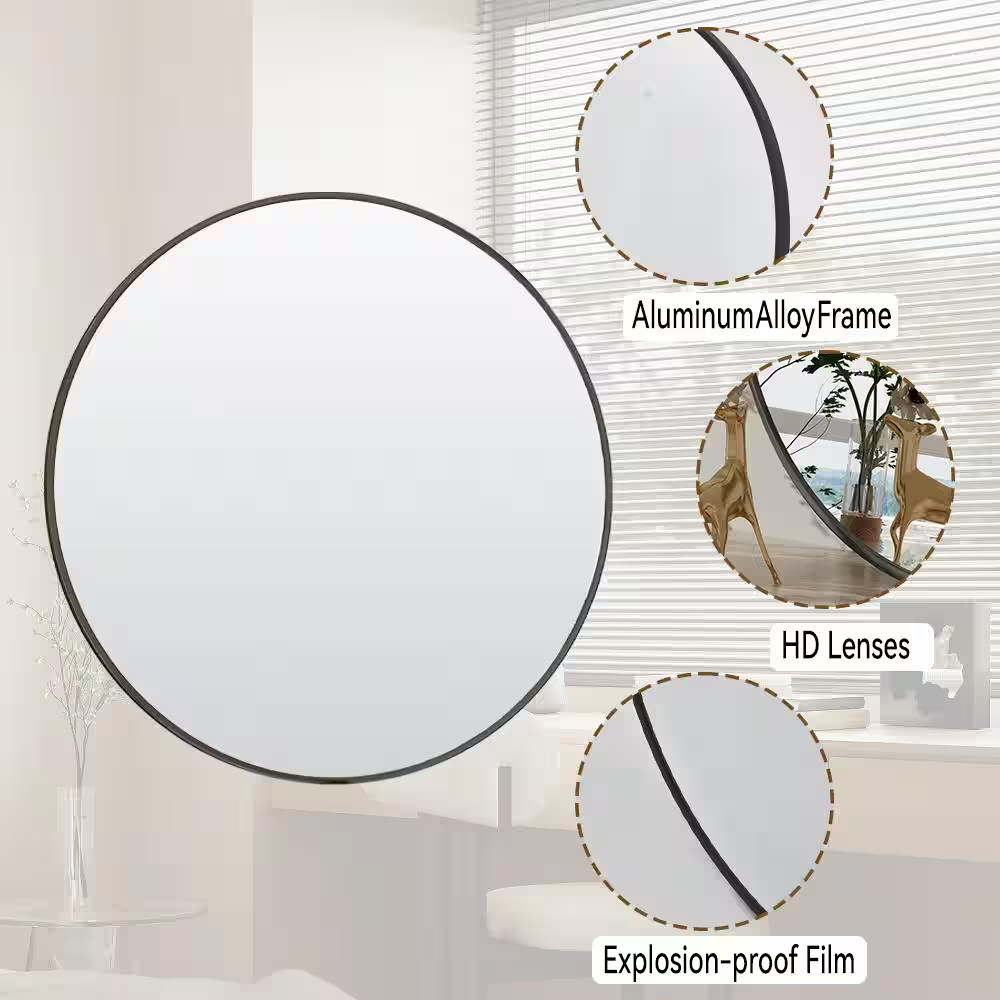 30 In. W X 30 In. H round Aluminum Alloy Framed Black Wall Mirror