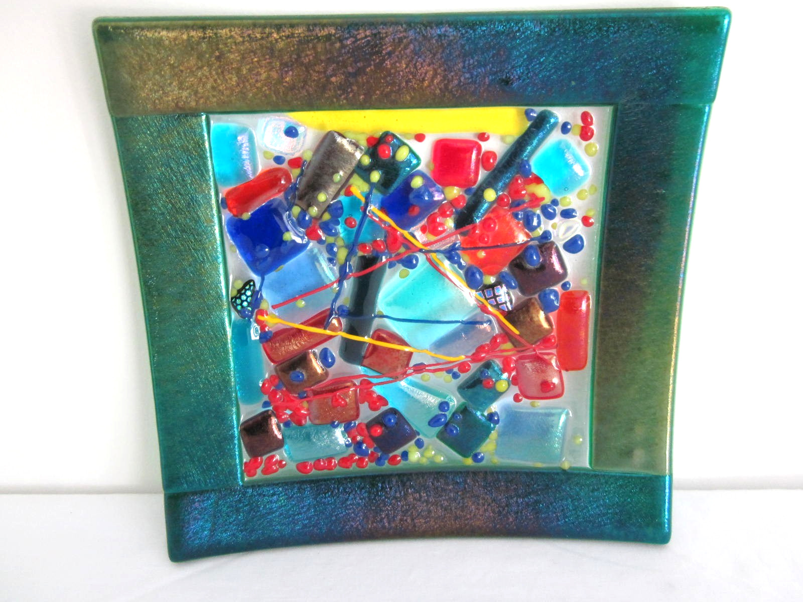 Fused Art Glass Multicolor Dichroic Square Trinket Candy Dish Plate 7×7 Inches