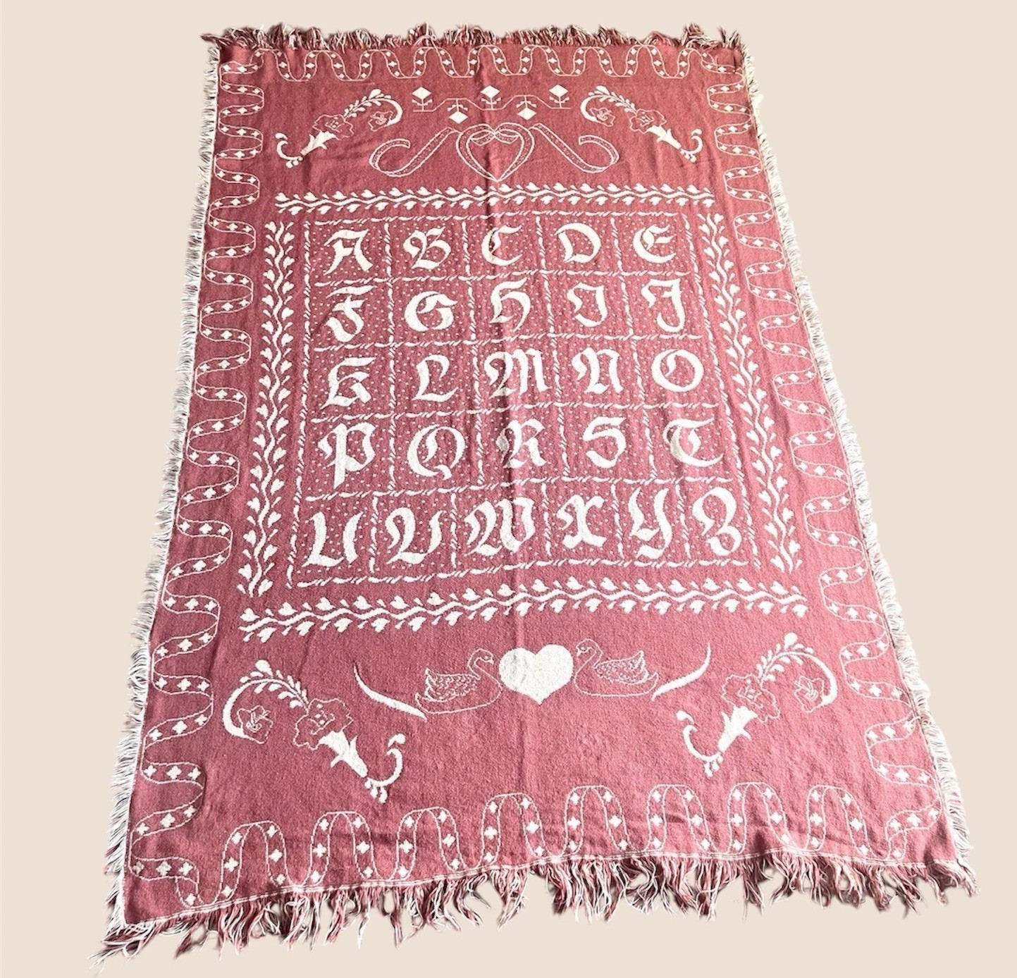 Goodwin Weavers Mauve Tapestry Throw Blanket Alphabet Heart Swans Cottage