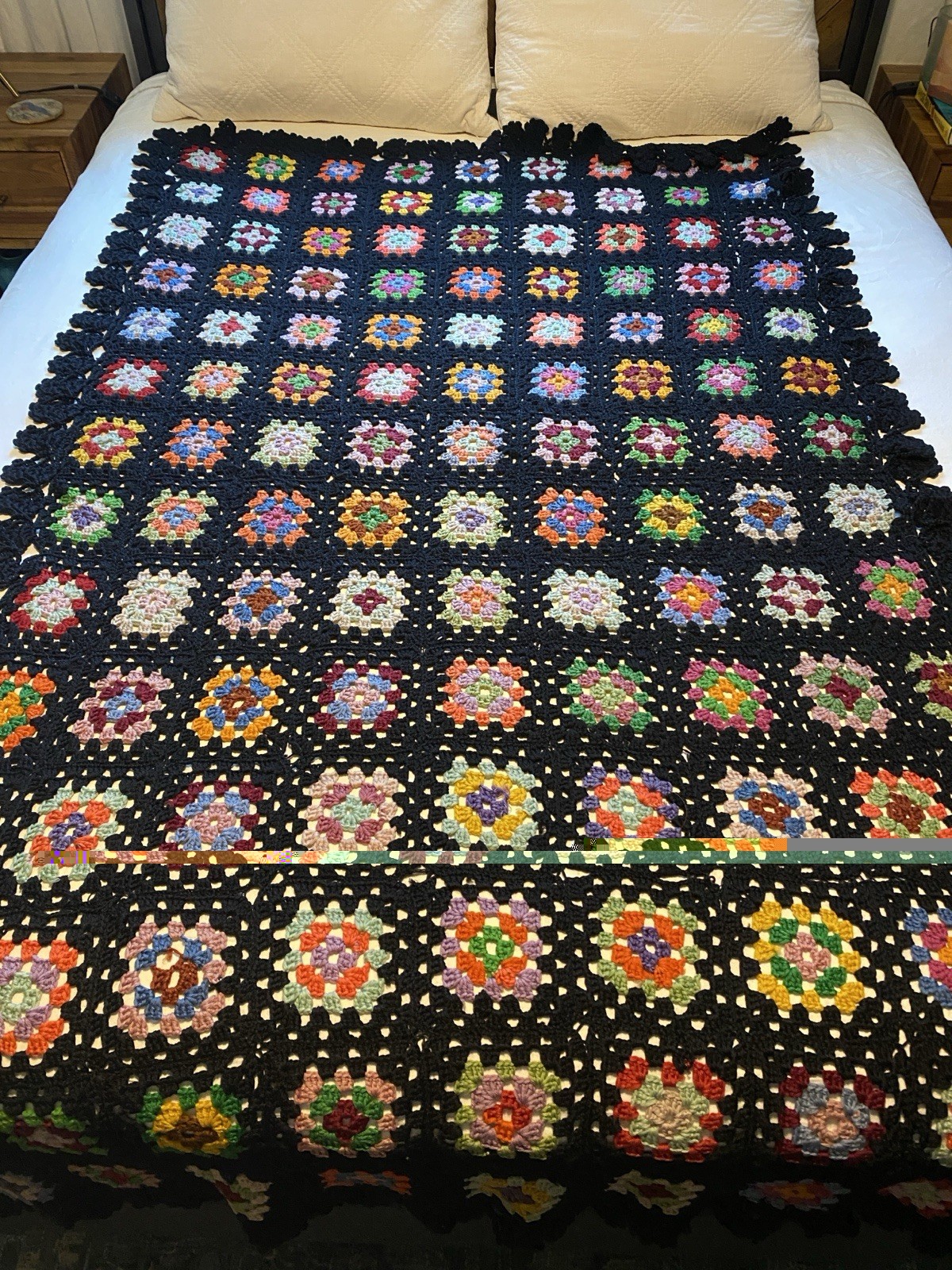 Granny Square Afghan Throw Blanket Vintage 46” X 76” Grannycore Black + Multi