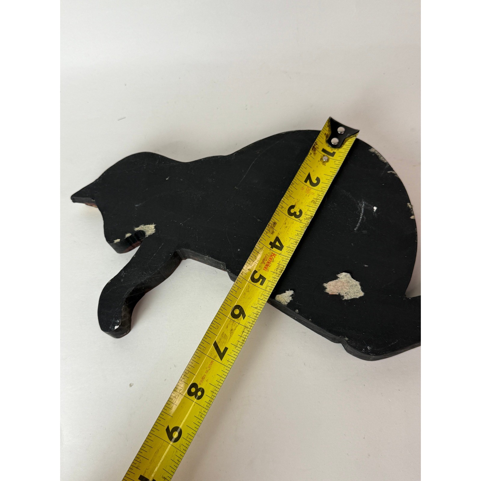 Vintage Hand Painted Wooden Cat Shelf Sitter Black Brown Striped 11 Inch