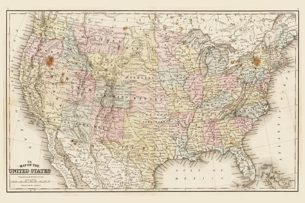 United States of America 1867 Antique Style Map Travel World Map with Cities in