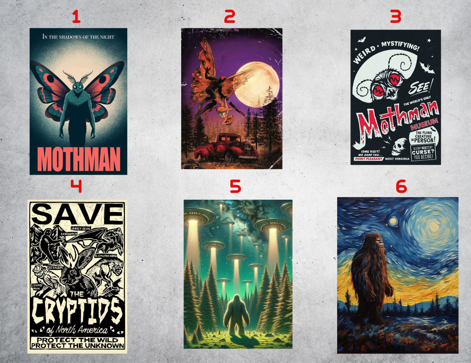 Cryptid Wall Collage Poster Prints – Bigfoot – Mothman – Aliens – UFO
