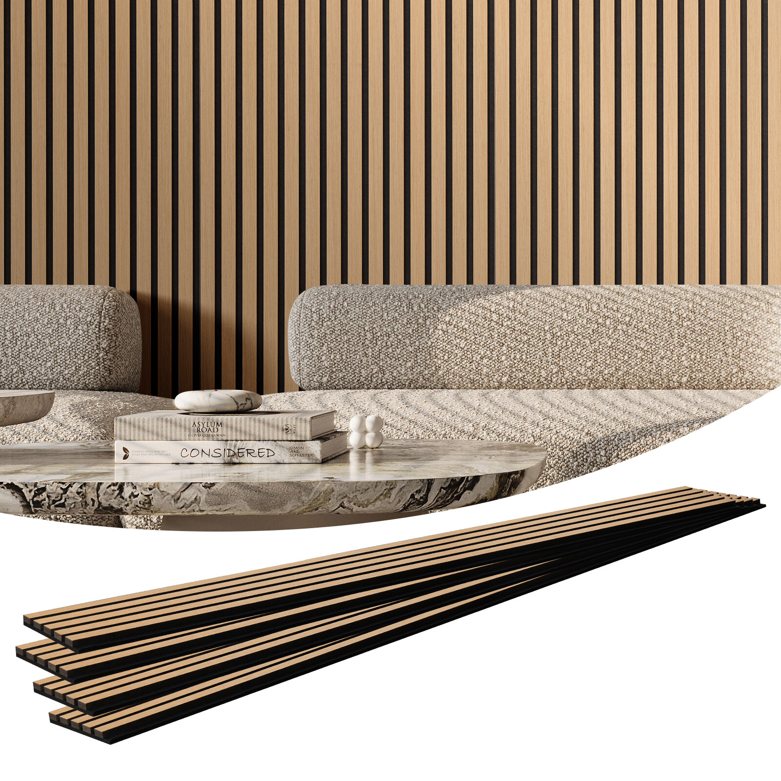 4 Pcs Acoustic Wood Wall Slat Panels 7.9″x94.5″ Sound Absorbing Modern Light Oak