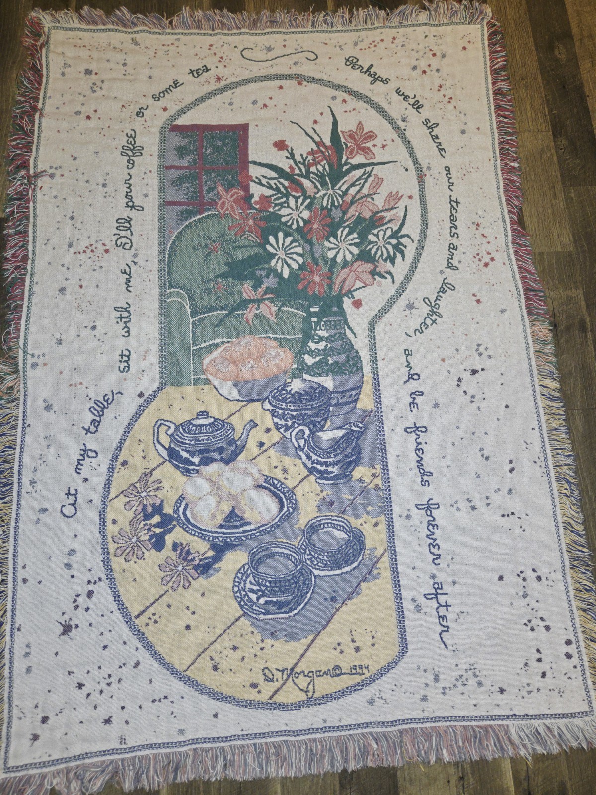 Vintage Woven Tapestry Throw Blanket Tea Time Friendship Quote 65×45 Fringed