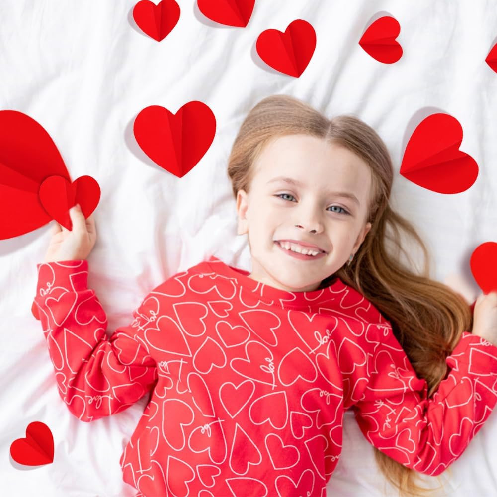 100 PCS 3D Heart Valentines Day Wall Stickers,Waterproof Removable Heart Wall De